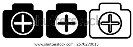 camera icon with plus sign, simple flat style, logo sign symbol vector illustration pictogram, isolated on white for mobile app