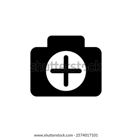 camera icon with plus sign, simple flat style, logo sign symbol vector illustration pictogram, isolated on white for mobile app