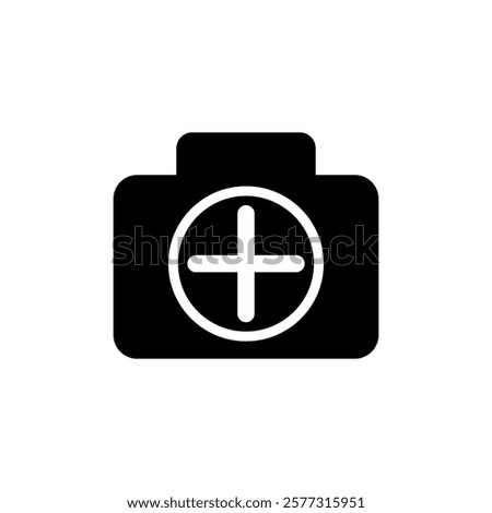 camera icon with plus sign, simple flat style, logo sign symbol vector illustration pictogram, isolated on white for mobile app