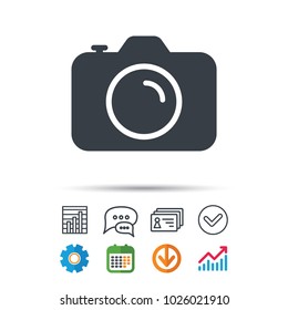 Camera icon. Professional photocamera symbol. Statistics chart, chat speech bubble and contacts signs. Check web icon. Vector