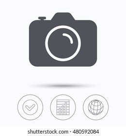 Camera icon. Professional photocamera symbol. Check tick, graph chart and internet globe. Linear icons on white background. Vector