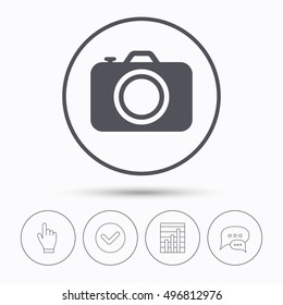 Camera icon. Professional photocamera symbol. Chat speech bubbles. Check tick, report chart and hand click. Linear icons. Vector