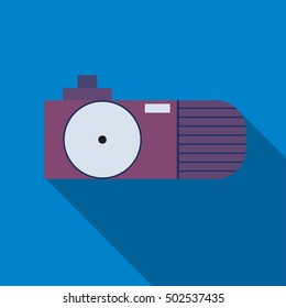 Camera icon. Professional photocamera symbol. Blue background with flat web icon. Vector