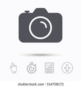 Camera icon. Professional photocamera symbol. Stopwatch timer. Hand click, report chart and download arrow. Linear icons. Vector