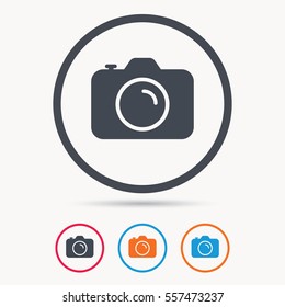Camera icon. Professional photocamera symbol. Colored circle buttons with flat web icon. Vector