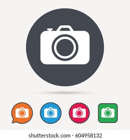 Camera icon. Professional photocamera symbol. Circle, speech bubble and star buttons. Flat web icons. Vector
