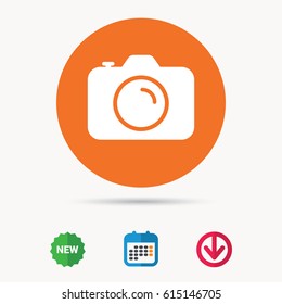 Camera icon. Professional photocamera symbol. Calendar, download arrow and new tag signs. Colored flat web icons. Vector