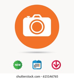 Camera icon. Professional photocamera symbol. Calendar, download arrow and new tag signs. Colored flat web icons. Vector