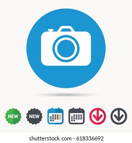 Camera icon. Professional photocamera symbol. Calendar, download arrow and new tag signs. Colored flat web icons. Vector