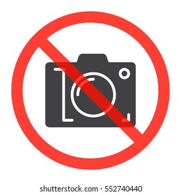 Camera icon in prohibiting red circle, No photos ban sign, Forbidden to take pictures symbol. Vector illustration
