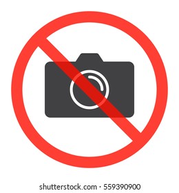 Camera icon in prohibiting red circle, No photos ban or stop sign, Forbidden to take pictures symbol. Vector illustration