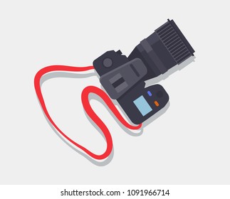 Camera icon with red strap, professional device for making photos and capturing some memories, digital era equipment isolated on vector illustration