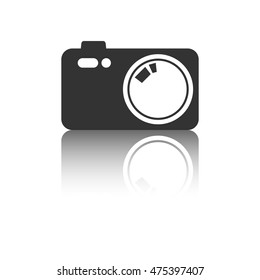 Camera icon with reflection effect on white background. Flat vector illustration.
