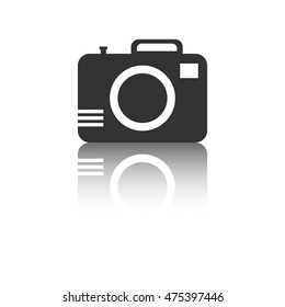 Camera icon with reflection effect on white background. Flat vector illustration.