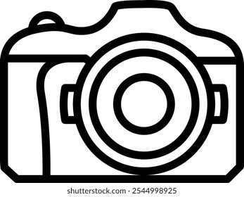 Icono de cámara que representa la Fotografía, captura de momentos y narración visual, perfecto para resaltar los medios, los viajes y las artes creativas con un diseño limpio y clásico.