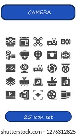 camera icon set. 25 filled camera icons. Simple modern icons about  - Photo camera, Graphic tablet, Drone, Projector, Camcorder, Vr glasses, Webcam, Camera, Picture, Shutter