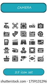 conjunto de iconos de la cámara. 25 iconos de cámara rellenos.  Iconos modernos sencillos como: Cctv, Drone, Teatro, Proyector, cámara fotográfica, imágenes, rollo de película, grabadora, película, traje de baño, tableta gráfica
