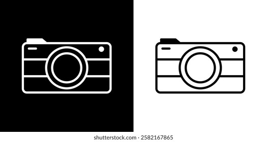 Camera icon set in black and white. Vector camera design with a round lens, perfect for logos, apps, photography branding, and digital projects.