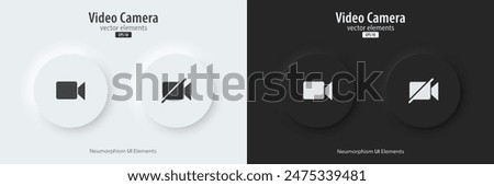 Camera icon. A set of black and white buttons with a on and off camera symbols. 3D icon in trendy neumorphic style for apps, websites, and interfaces. UI UX elements. Vector illustration.