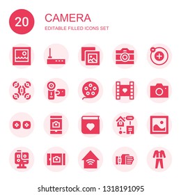 camera icon set. Collection of 20 filled camera icons included Picture, Router, Pictures, Photo camera, Electron, Drone, Camcorder, Film reel, Video, Vr, Photo album, Smart home