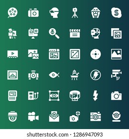 camera icon set. Collection of 36 filled camera icons included Webcam, Camera, Video, Cctv, Flash, 360, Focus, Ipod, Sd card, Easel, Fisheye, Projector, Image, Blur, Diaphragm