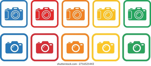 Camera icon set, colorful square symbols, photography and media design, vibrant vector for UI and creative projects