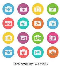 Camera icon set. Compact photo gear, film and digital device collection, equipment for beginners and professionals. Vector flat style cartoon illustration isolated on white background