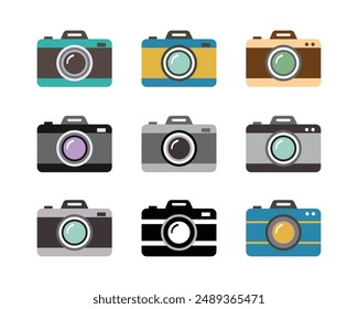 Camera icon set in different color. Photo camera in flat style. photo camera sign and symbol. Set of camera icon Vector illustration.
