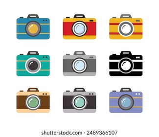 Camera icon set in different color. Photo camera in flat style. photo camera sign and symbol. Set of camera icon Vector illustration.