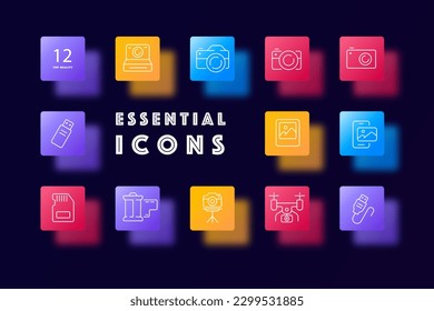 Camera icon set. DSLR camera with a lens and a viewfinder used for capturing high-quality photographs. Photography concept. Glassmorphism style. Vector line icon for Business and Advertising