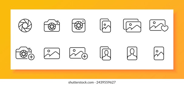 Camera icon set. Frame, gallery, selfie, snapshot, smartphone, photographer, composition, flash. Black icon on a white background. Vector line icon for business and advertising