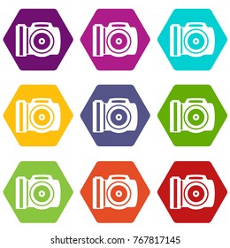 Camera icon set many color hexahedron isolated on white vector illustration