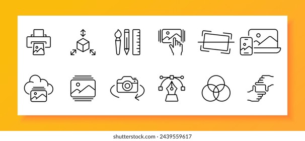Camera icon set. Motor, video, shooting, cinema, photo, lens, cameraman. Black icon on a white background. Vector line icon for business and advertising