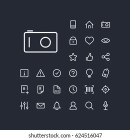 Camera icon in set on the black background. Universal linear icons to use in web and mobile app.