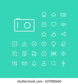 Camera icon in set on the green background. Universal linear icons to use in web and mobile app.