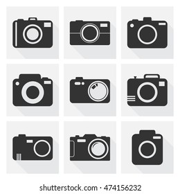 Camera icon set on white background with long shadow. Vector illustration in flat style with photography icons.
