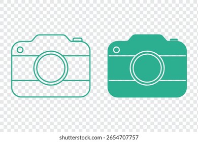 Ícone de câmera definido. Contorno e ilustração preenchida do ícone de vetor no fundo transparente.