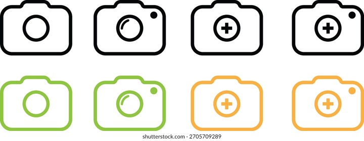 Conjunto de iconos de cámara en estilos de contorno y relleno: símbolo de Fotografía, gráfico de cámara digital, diseño de Ilustración vectorial.