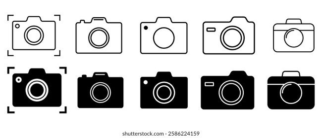 Camera icon set. Outline and glyph photo camera collection.  black and white camera icon. 