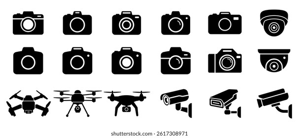 Camera icon set. Photo camera in flat style. Video camera icon. Drone icon. 