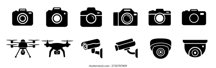 Ícone de câmera definido. Câmera fotográfica em estilo plano. Ícone da câmera de vídeo. Ícone de drone. 