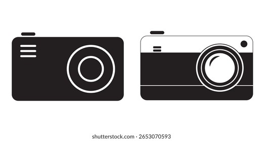 Ícone de câmera definido. Ícone de foco da foto. Tire uma foto. Ícone de cores preto e branco. Defina a ilustração Vetor isolada no plano de fundo branco. Eps 10