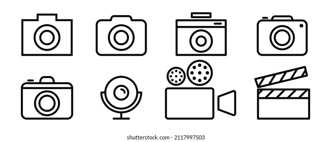 Conjunto de iconos de cámara. Icono de cámara fotográfica en contorno. Foto y símbolo de video. Icono de cámara web. Pictograma de cámara web. Ilustración vectorial de acciones