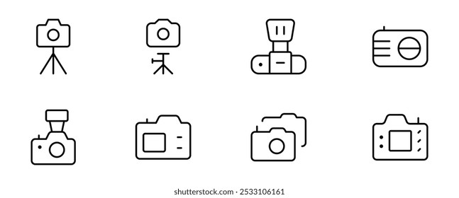 Camera icon set. Photo camera, camera related icons set design with Editable Stroke. Line, Solid, Flat Line, thin style and Suitable for Web Page, Mobile App, UI, UX design, vector 