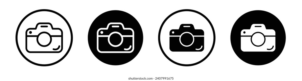 Camera icon set. Camera photograph capture and snapshot vector symbol in a black filled and outlined style. Camera Photography sign.