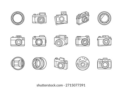 Conjunto de iconos de cámara Arte de línea de Fotografía, lente Diseños de cámara Antiguas
