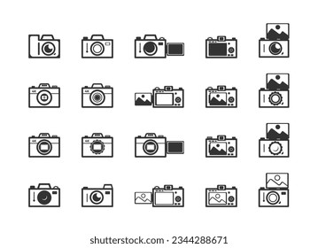 Camera Icon Set, Photography icon set, Photo and Video Icons, Multimedia Icon Set. Camera Mirrorless Icon Set. Flat Outline Vector icons