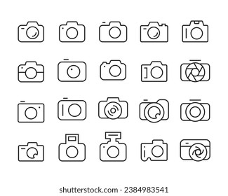 Camera Icon Set. Photography photo video. multimedia social media Instant  line icons set, editable stroke isolated on white, linear vector outline illustration, symbol logo design style