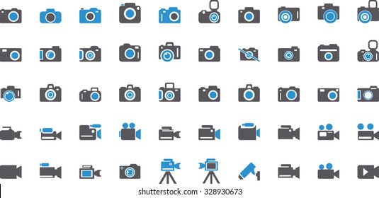 Camera Icon Set. Photography icon set. Security Camera Icon. photo and video icons. multimedia icon set. Blue and Gray Vector icons