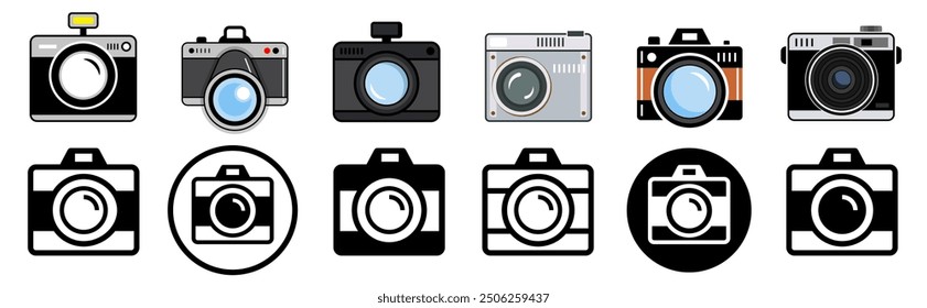 Camera icon set. Retro camera. Old camera. Photo camera icon in different style. Vector illustration